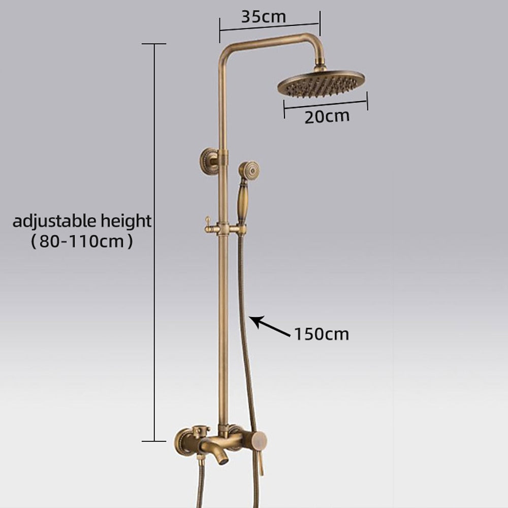 Antique Brass Wall-Mount Shower System, Rainfall Shower Faucet, Single-Handle Tub Filler with Handheld Shower