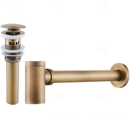 Contemporary Brass Pop-Up Sink Drain with Overflow, Wall-Mounted Bottle P-Trap Waste Assembly, Antique Brass / Chrome / Matte Black / Brushed Brass / Polished Gold