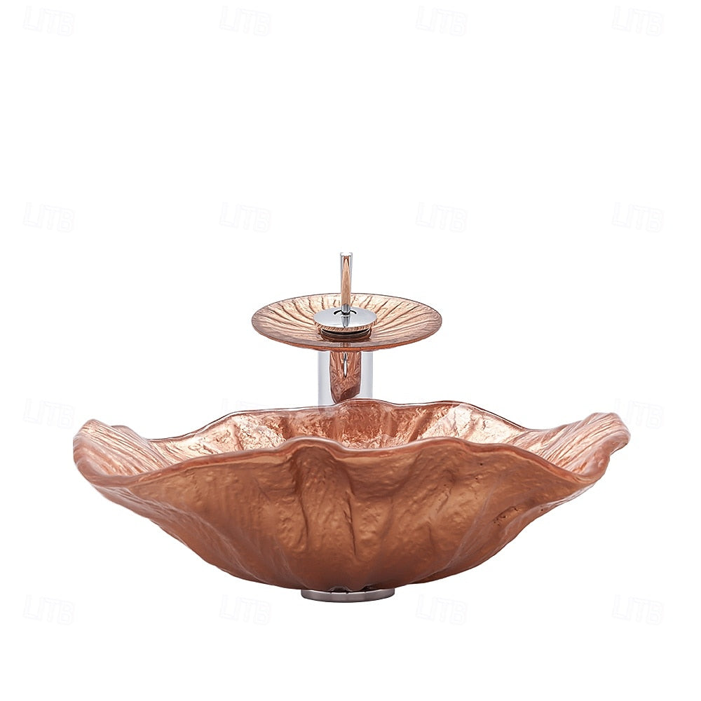 Rose Gold Waterfall Tempered Glass Vessel Sink, Single-Handle Chrome Faucet with Pop-Up Drain