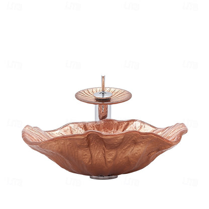 Rose Gold Waterfall Tempered Glass Vessel Sink, Single-Handle Chrome Faucet with Pop-Up Drain