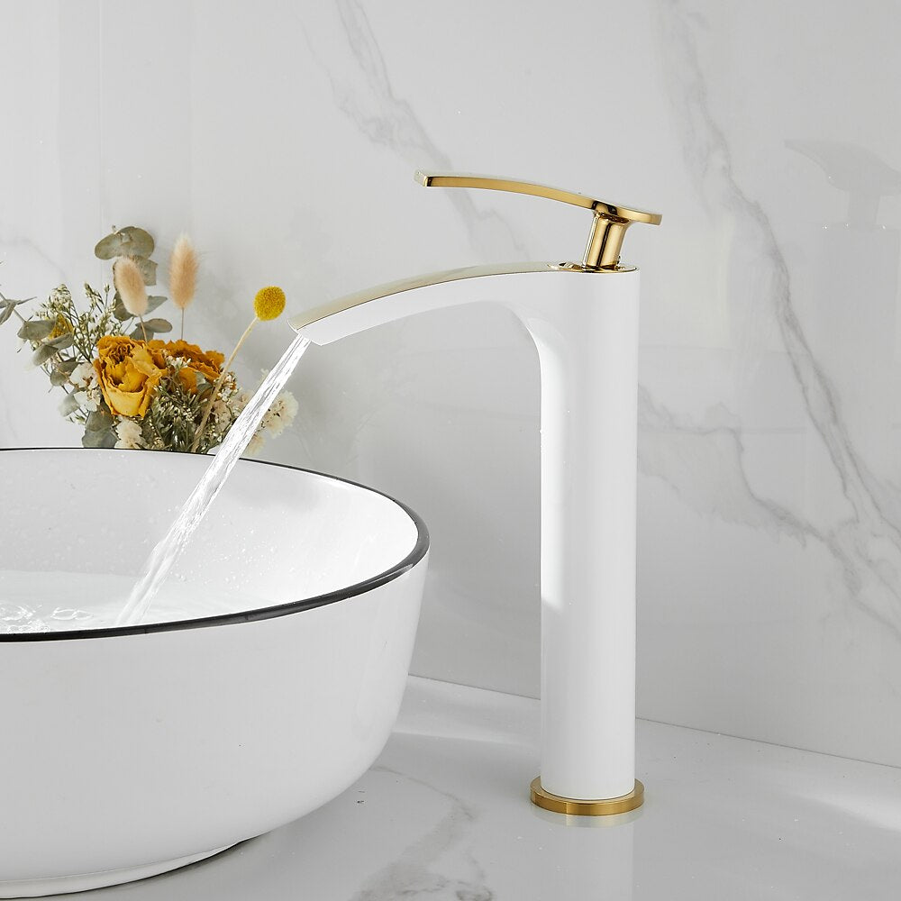 Waterfall Modern Bathroom Vessel Sink Faucet, Single-Handle Single-Hole Brass Basin Faucet