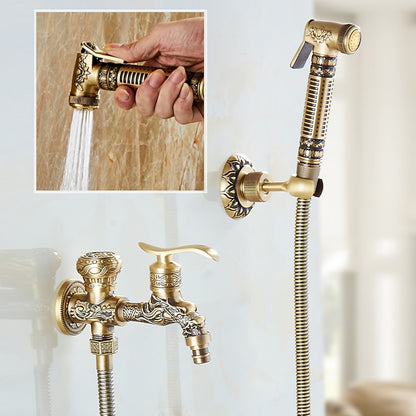 Antique Brass Wall-Mount Bidet Faucet, Handheld Toilet Sprayer Set