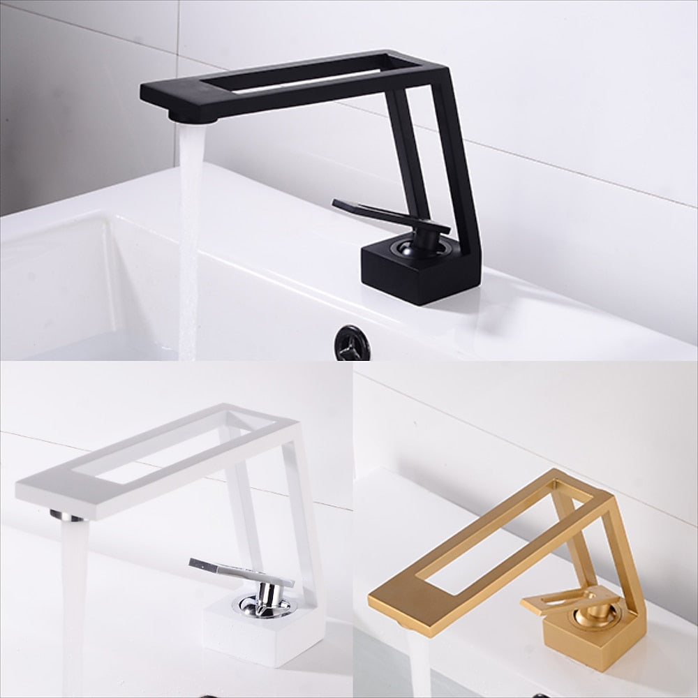 Geometric Hollow-Out Spout Bathroom Faucet, Modern Single-Handle Brass Faucet