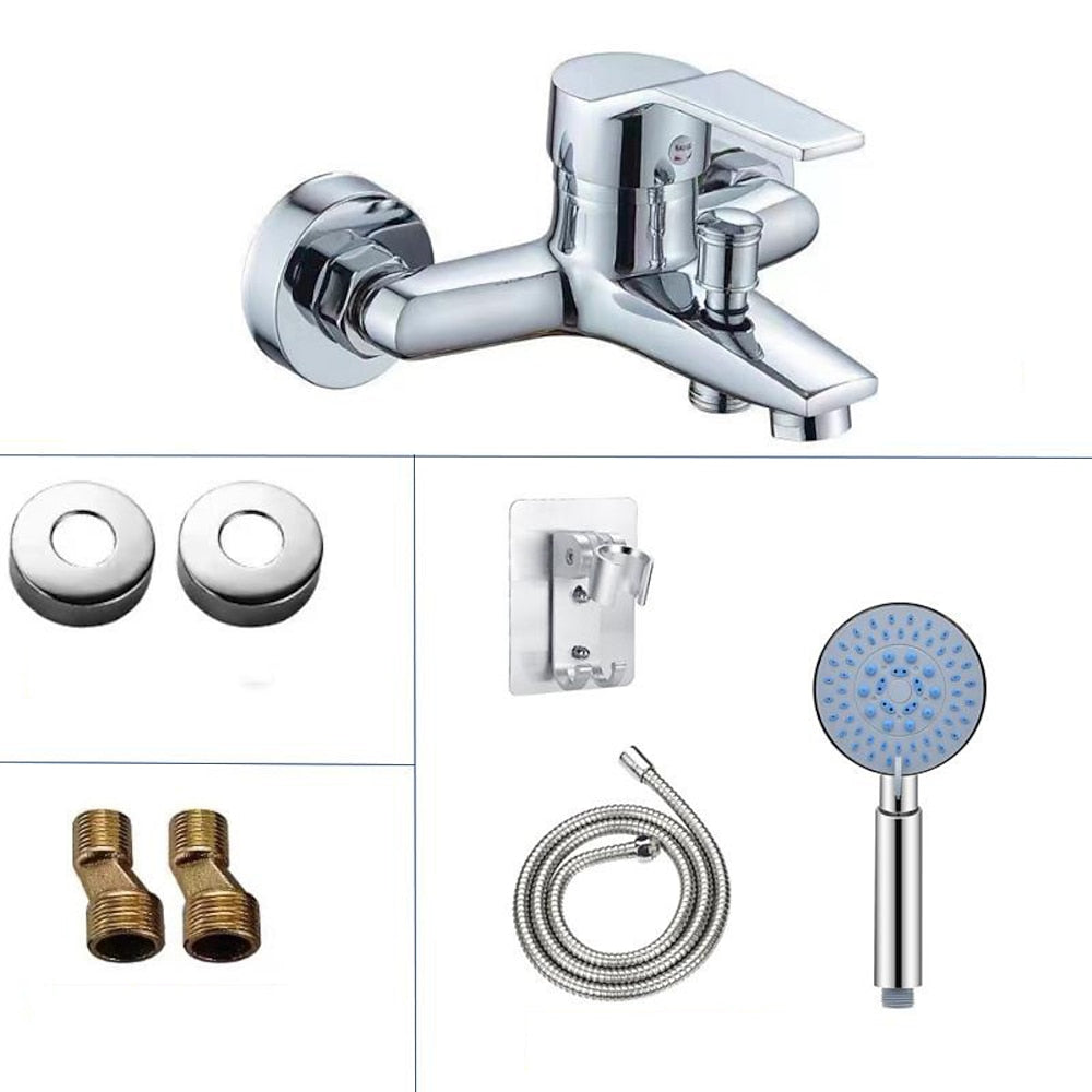Modern Chrome Wall-Mount Tub Faucet, Single-Handle Brass Tub Filler with Handheld Shower