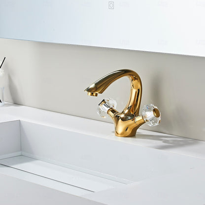 Polished Gold Modern Bathroom Sink Faucet, Single-Hole Dual-Handle Brass Faucet with Crystal Knob Handles