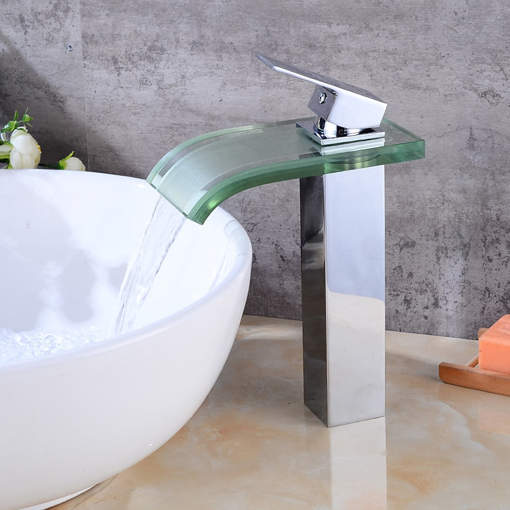 Chrome Modern Single-Hole Vessel Sink Faucet, Single-Handle Glass Waterfall Spout Faucet