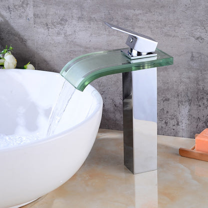 Chrome Modern Single-Hole Vessel Sink Faucet, Single-Handle Glass Waterfall Spout Faucet