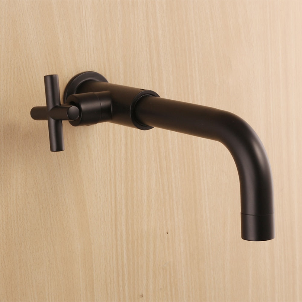 Matte Black Wall-Mount Single-Hole Bathroom Faucet, Single Cross Handle Cold Only Faucet