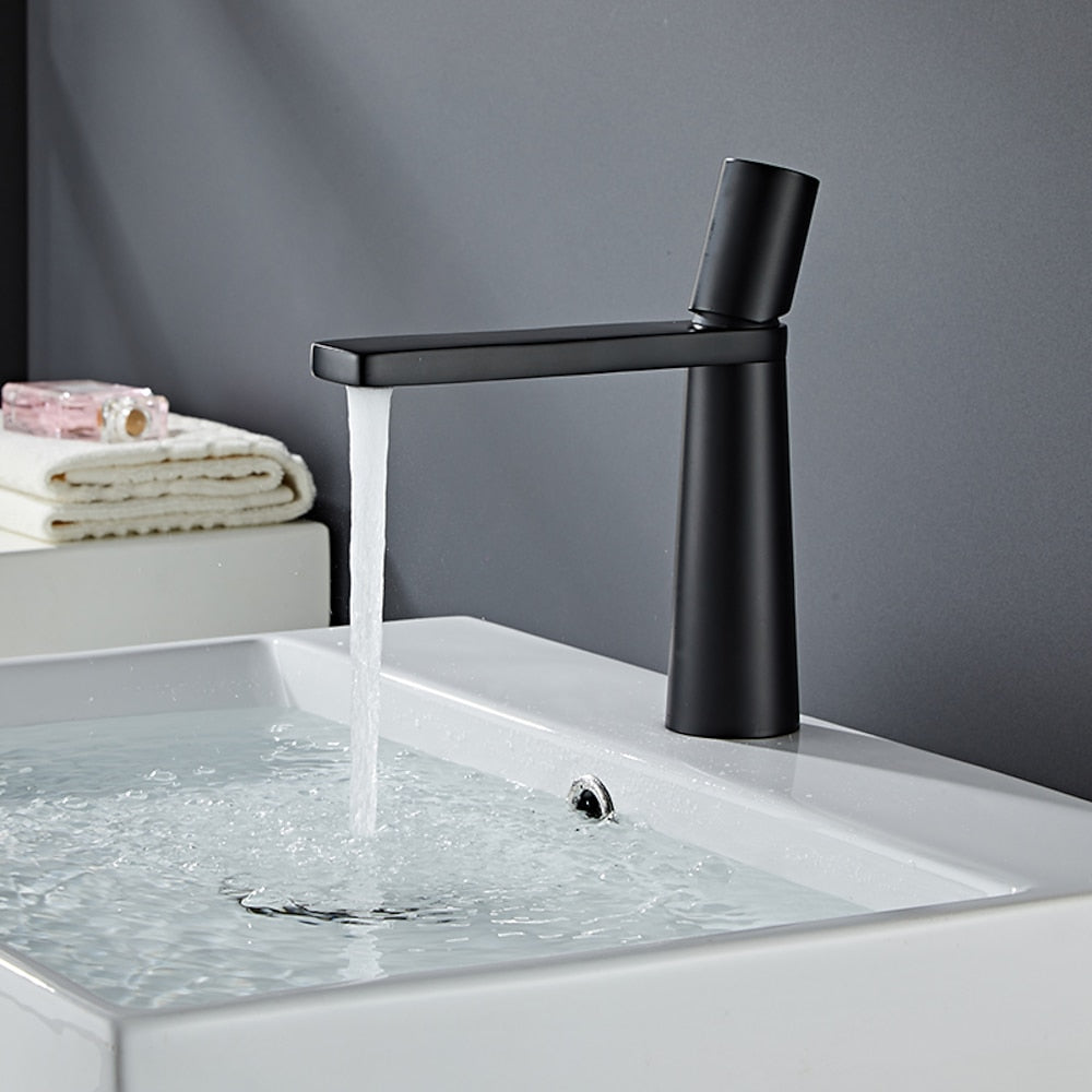 Modern Single-Hole Single-Handle Bathroom Faucet, Brass Flat Spout Basin Faucet, Matte Black / Brushed Gold / Matte White / Chrome / Gunmetal