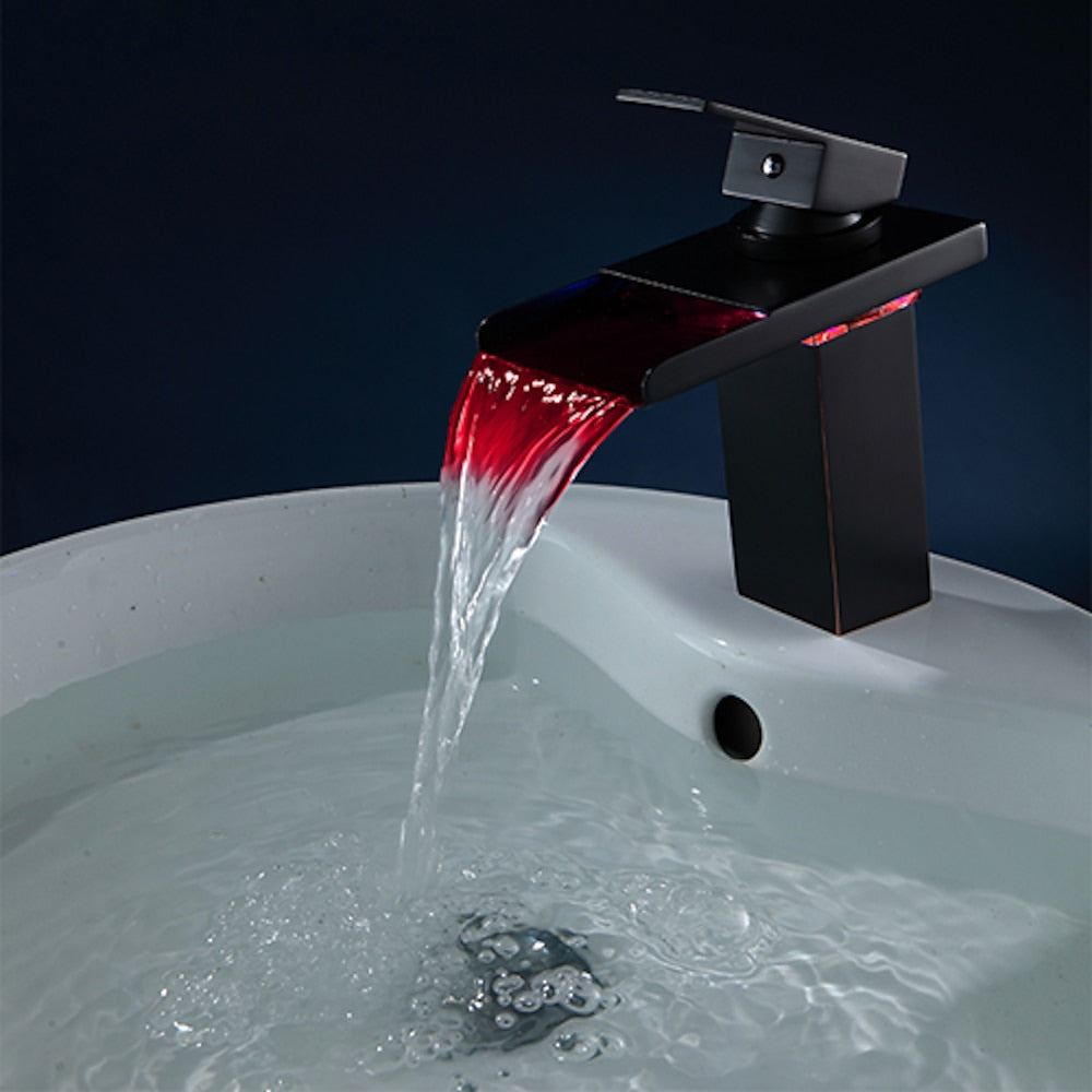 LED Waterfall Brass Bathroom Faucet, Single-Hole Single-Handle Faucet, Matte Black / Oil-Rubbed Bronze