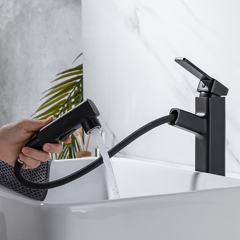 Pull-Out Single-Hole Brass Bathroom Faucet, Upward Fountain Spout Faucet, Chrome / Matte Black / Brushed Gold / Gunmetal