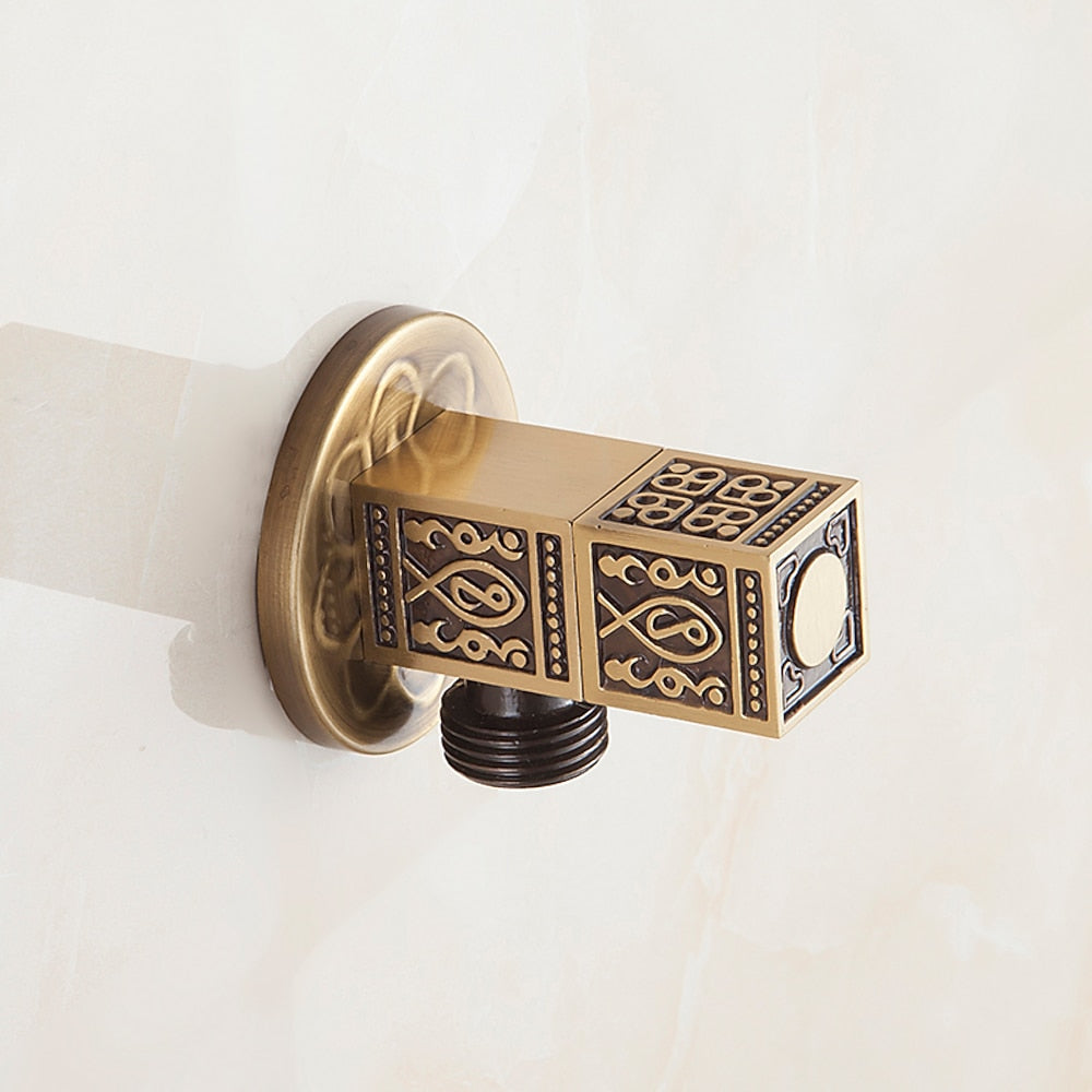 Retro Carved Brass Angle Valve, Wall-Mount Water Shut-Off Valve, Antique Brass / Matte Black / Polished Gold