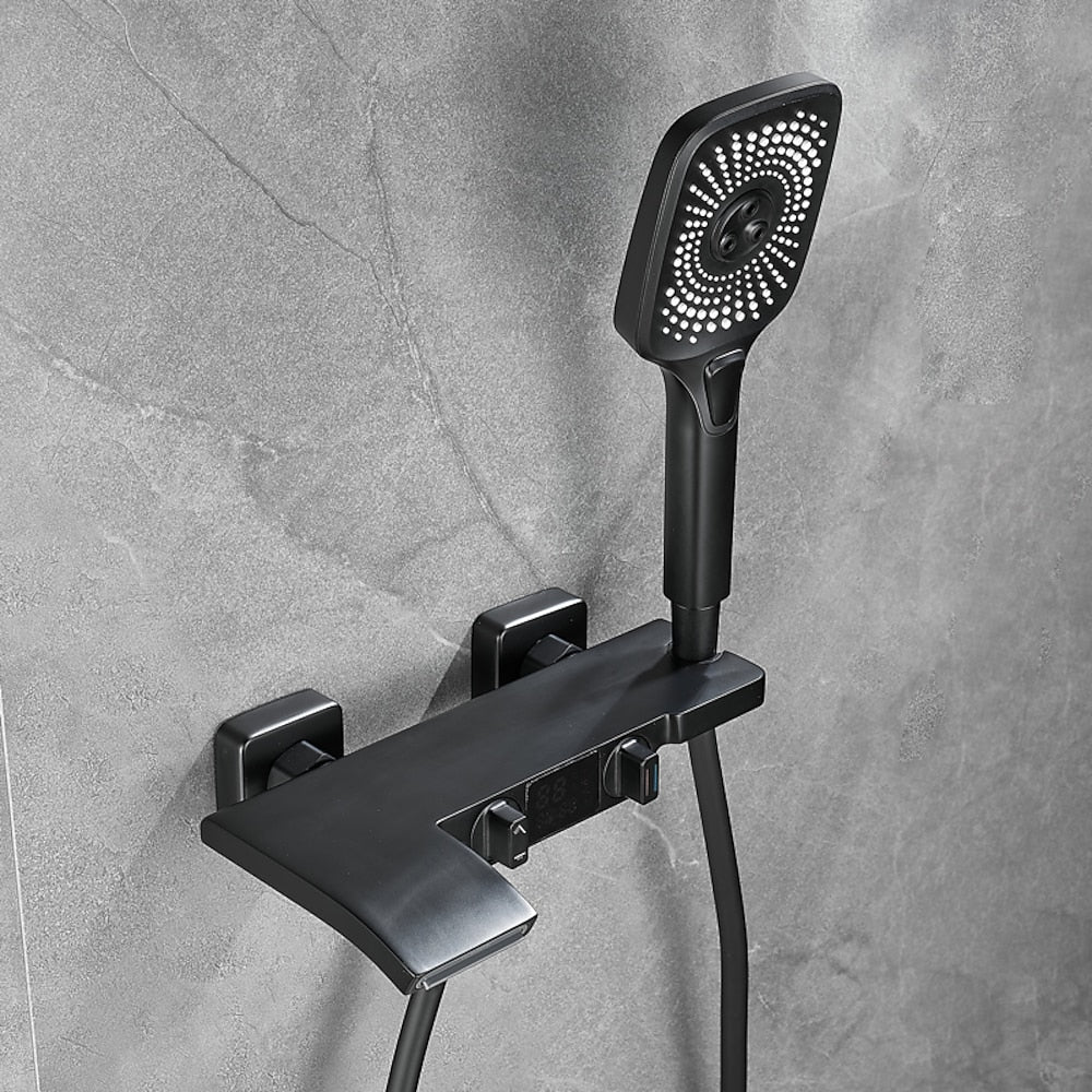 Wall-Mount Waterfall Tub Faucet, Dual-Handle Bath Mixer Tap with Handheld Shower