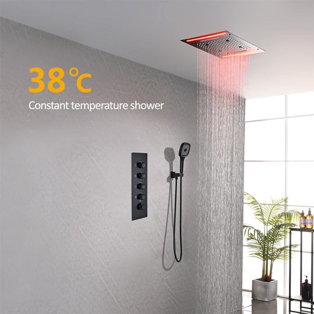 Matte Black LED Waterfall Rainfall Shower System, Wall-Mount Thermostatic Shower Set with Handheld Shower
