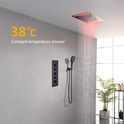Matte Black LED Waterfall Rainfall Shower System, Wall-Mount Thermostatic Shower Set with Handheld Shower
