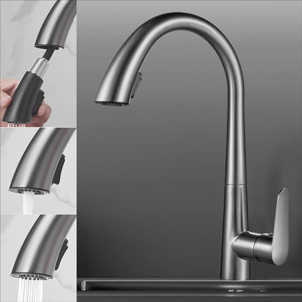 Pull-Down High-Arc Kitchen Faucet with Pop-Up Drain, Single-Handle Modern Faucet, Gunmetal / Matte Black / Chrome