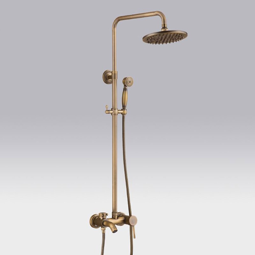 Antique Brass Wall-Mount Shower System, Rainfall Shower Faucet, Single-Handle Tub Filler with Handheld Shower