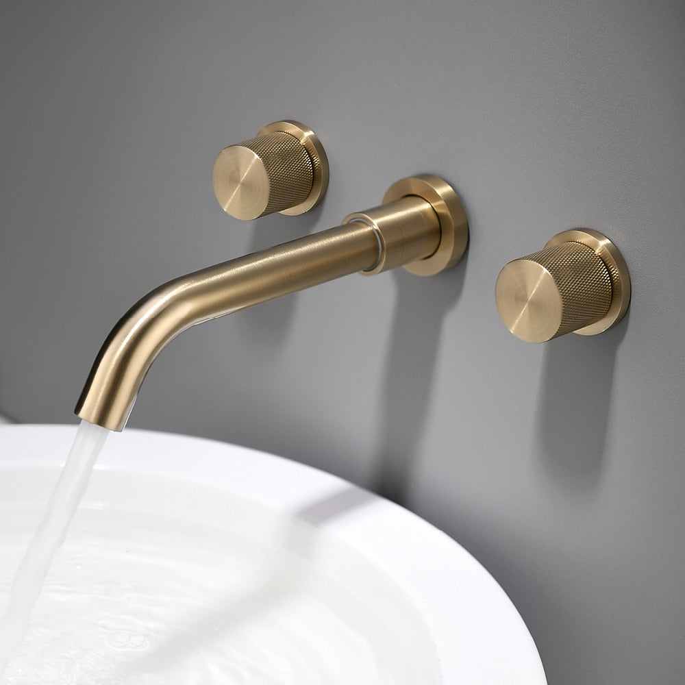 Brushed Gold Wall-Mount Brass Bathroom Faucet, Double Knurled Knob Handle Faucet
