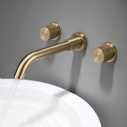 Brushed Gold Wall-Mount Brass Bathroom Faucet, Double Knurled Knob Handle Faucet