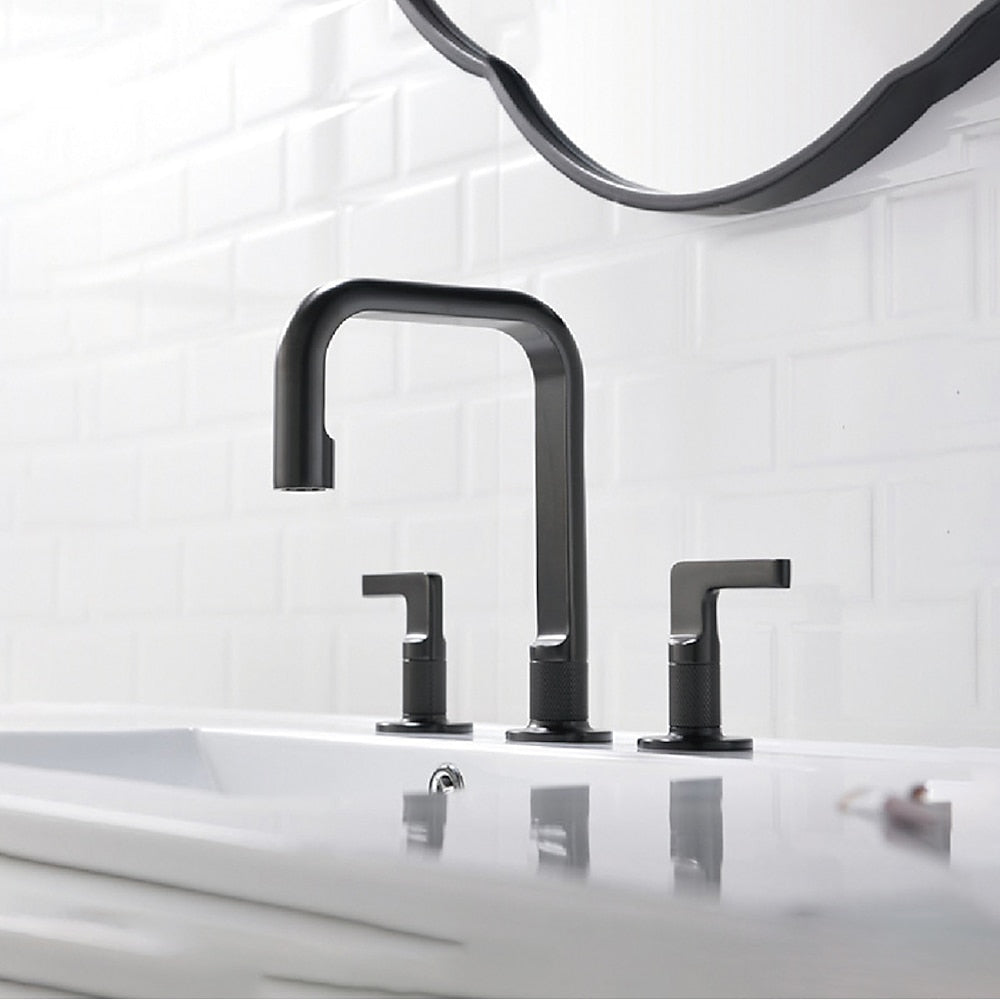 Widespread Two-Handle Bathroom Faucet, Modern High Arc Brass Basin Faucet with Water Supply Hoses, Brushed Gold / Gunmetal