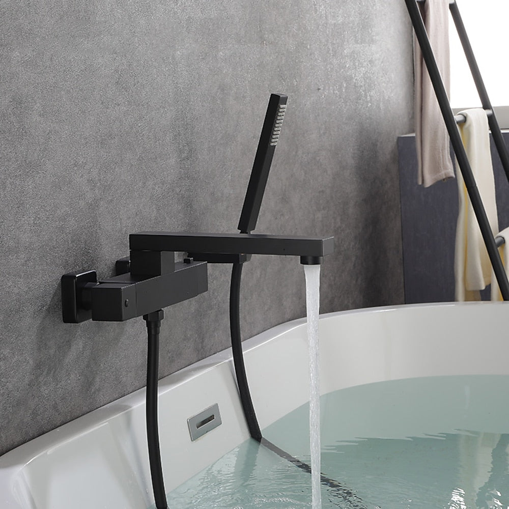 Matte Black Thermostatic Wall-Mount Bathtub Faucet, Dual-Handle Brass Tub Filler with Handheld Shower