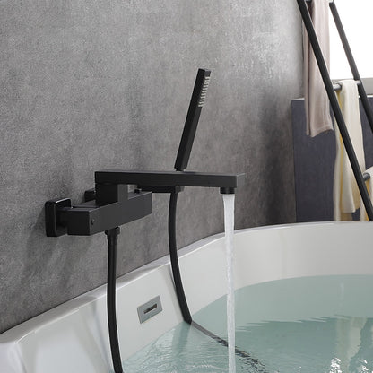 Matte Black Thermostatic Wall-Mount Bathtub Faucet, Dual-Handle Brass Tub Filler with Handheld Shower
