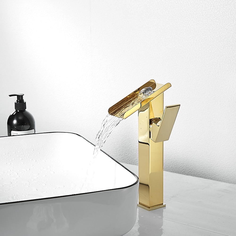 Brushed Gold Waterfall Bathroom Sink Faucet, Modern Single-Hole Single-Handle Faucet