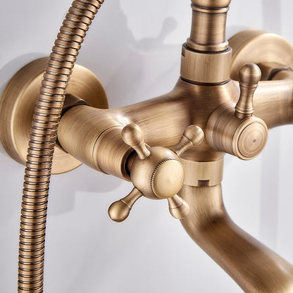 Antique Brass Wall-Mount Bathtub Faucet, Dual-Handle Tub Filler Faucet with Handshower