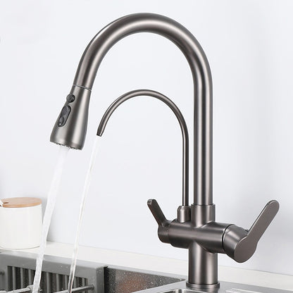 Modern 3-Way Pull-Down Kitchen Faucet, Dual-Handle Swivel Gooseneck Faucet, Gunmetal / Matte Black / Chrome / Matte White / Two-Tone / Antique Brass / Brushed Gold / Brushed Nickel