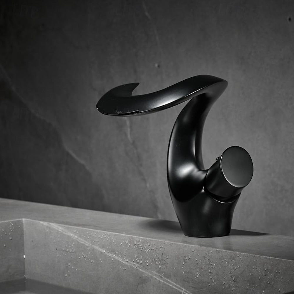 Waterfall Single-Hole Bathroom Faucet, Single-Handle Brass Deck Mount Faucet, Brushed Gold / Chrome / Matte Black / Matte White