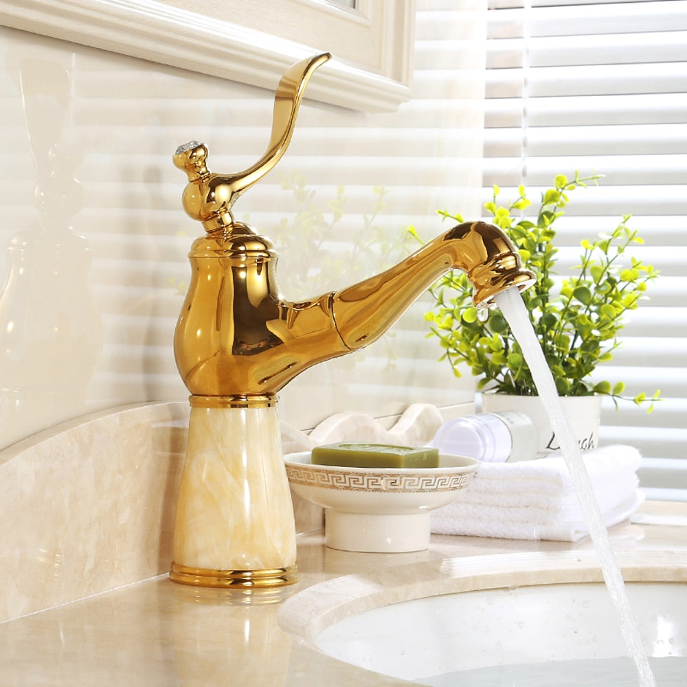 Vintage Traditional Single-Hole Bathroom Faucet, Single-Handle Brass Faucet with Marble Column Base, Gold / White / Multi