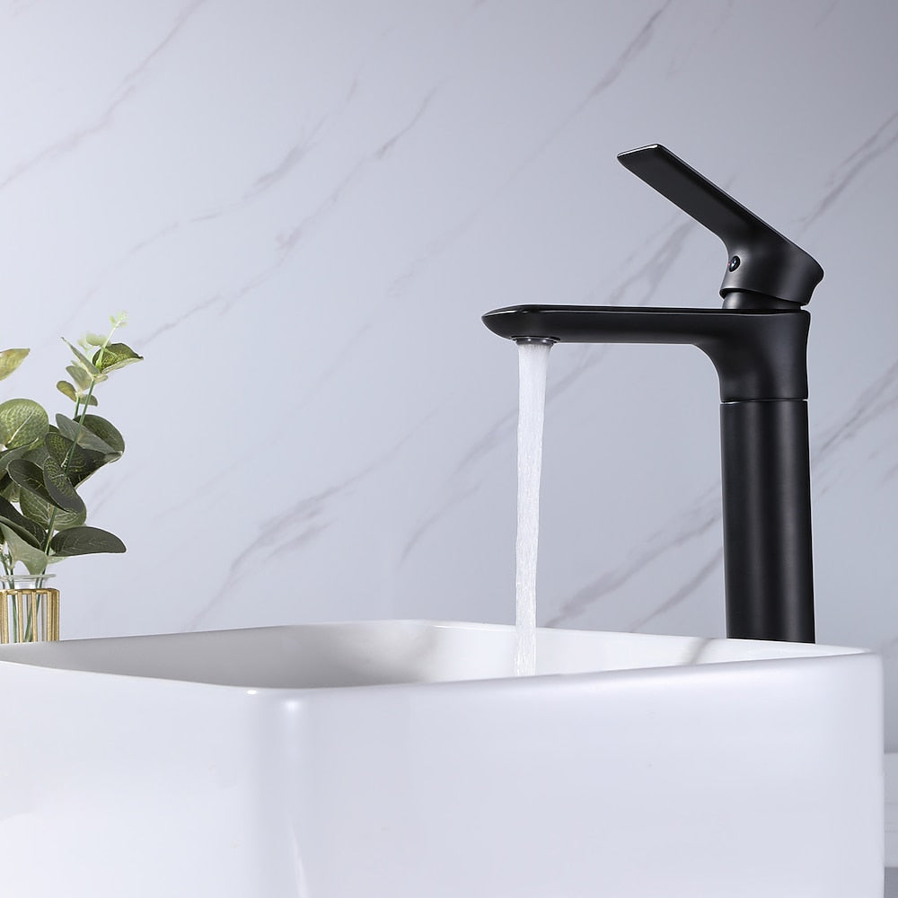 Matte Black Modern Single-Hole Vessel Sink Faucet, Single-Handle Tall Bathroom Faucet