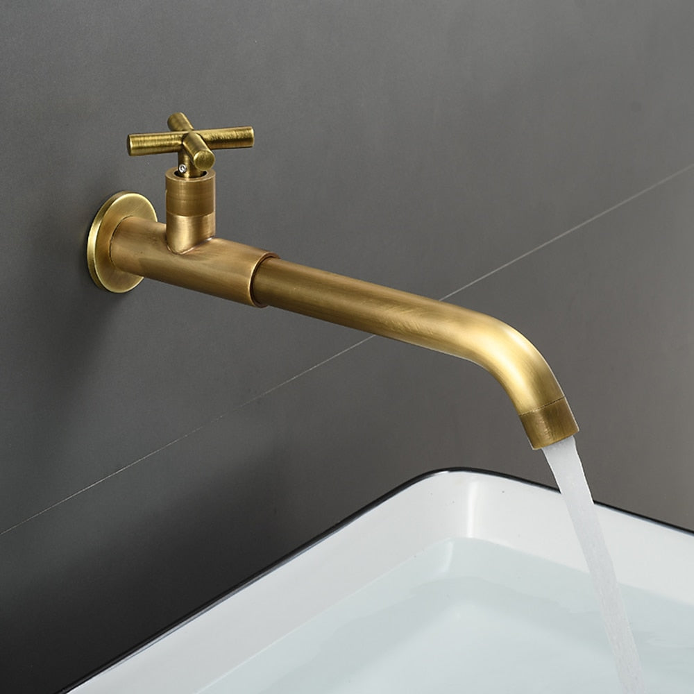 Wall-Mount Single-Hole Bathroom Faucet, Single Cross Handle Swivel Spout Faucet, Antique Brass / Matte Black / Chrome / Matte White / Polished Gold / Gunmetal