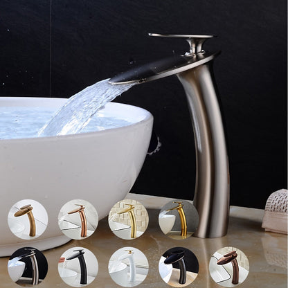Modern Waterfall Bathroom Faucet, Single-Handle Brass Faucet, Matte Black / Chrome / Brushed Nickel / Brushed Gold / Polished Gold / Rose Gold / Oil-Rubbed Bronze / Venetian Bronze / Gunmetal / Matte White / Copper / Painted / Powder Coated