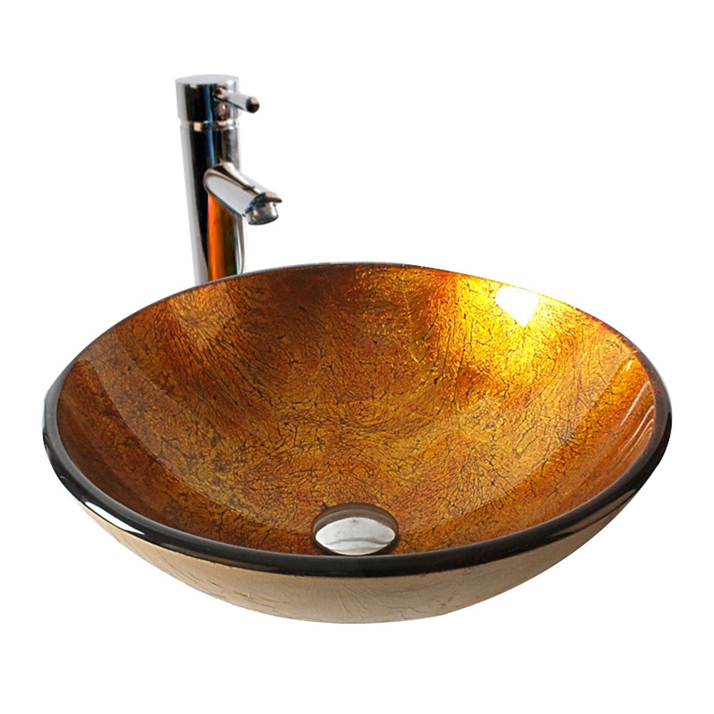 Contemporary Round Tempered Glass Vessel Bathroom Sink with Single-Handle Faucet, Vanity Basin Set with Pop-Up Drain, Silver / Gold / Bronze / Gray / Multi