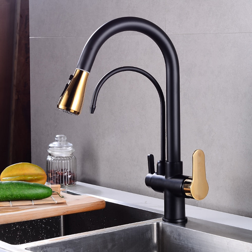 Modern 3-Way Pull-Down Kitchen Faucet, Dual-Handle Swivel Gooseneck Faucet, Gunmetal / Matte Black / Chrome / Matte White / Two-Tone / Antique Brass / Brushed Gold / Brushed Nickel