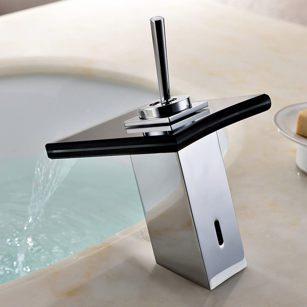 Waterfall Chrome Bathroom Faucet, Single-Handle Single-Hole Glass Spout Faucet