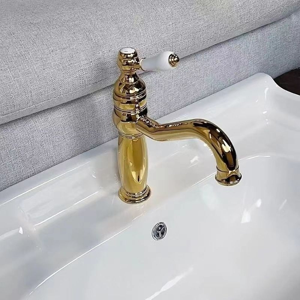 Traditional High Arc Bathroom Sink Faucet, Single-Hole Deck Mount Faucet with Ceramic Lever Handle, Polished Gold / Chrome / Antique Brass