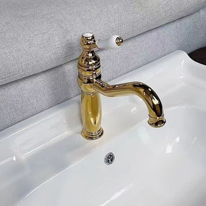 Traditional High Arc Bathroom Sink Faucet, Single-Hole Deck Mount Faucet with Ceramic Lever Handle, Polished Gold / Chrome / Antique Brass