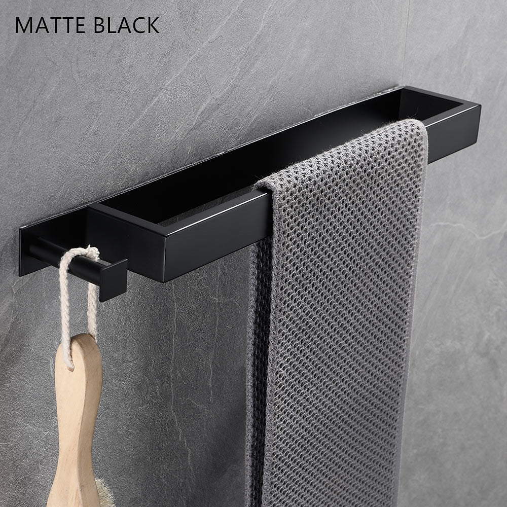Modern Wall-Mounted Stainless Steel Towel Bar, Self-Adhesive Towel Rack with Integrated Hook, Matte Black / Chrome / Brushed Nickel / Brushed Gold