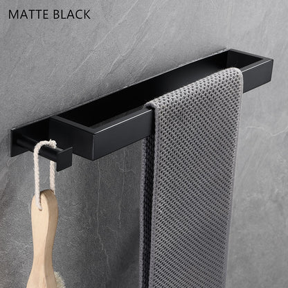 Modern Wall-Mounted Stainless Steel Towel Bar, Self-Adhesive Towel Rack with Integrated Hook, Matte Black / Chrome / Brushed Nickel / Brushed Gold