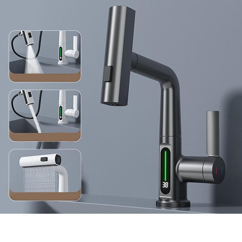 LED Digital Display Waterfall Bathroom Faucet, Single-Handle Pull-Out Faucet, Chrome / Gunmetal / Matte Black / Matte White