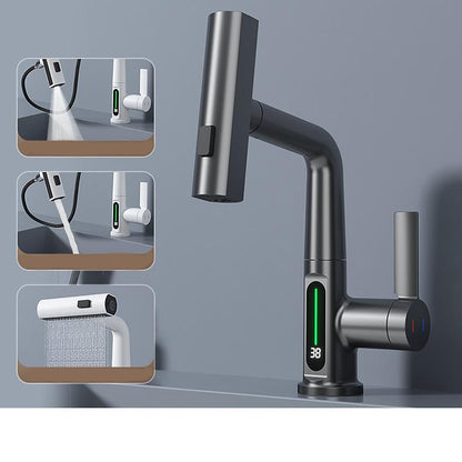 LED Digital Display Waterfall Bathroom Faucet, Single-Handle Pull-Out Faucet, Chrome / Gunmetal / Matte Black / Matte White
