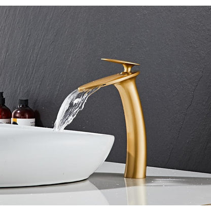 Modern Waterfall Bathroom Faucet, Single-Handle Brass Faucet, Matte Black / Chrome / Brushed Nickel / Brushed Gold / Polished Gold / Rose Gold / Oil-Rubbed Bronze / Venetian Bronze / Gunmetal / Matte White / Copper / Painted / Powder Coated