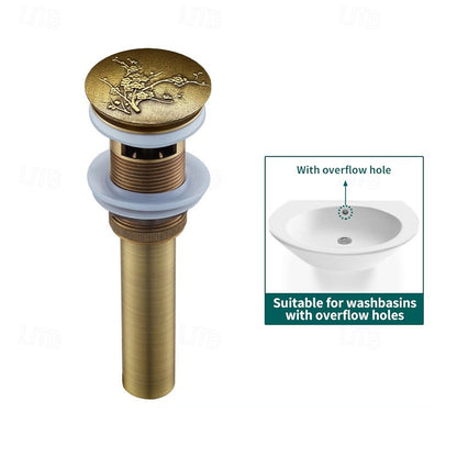 Antique Brass Vintage Pop-Up Sink Drain with Overflow, Solid Brass Bathroom Vanity Vessel Sink Drain Assembly