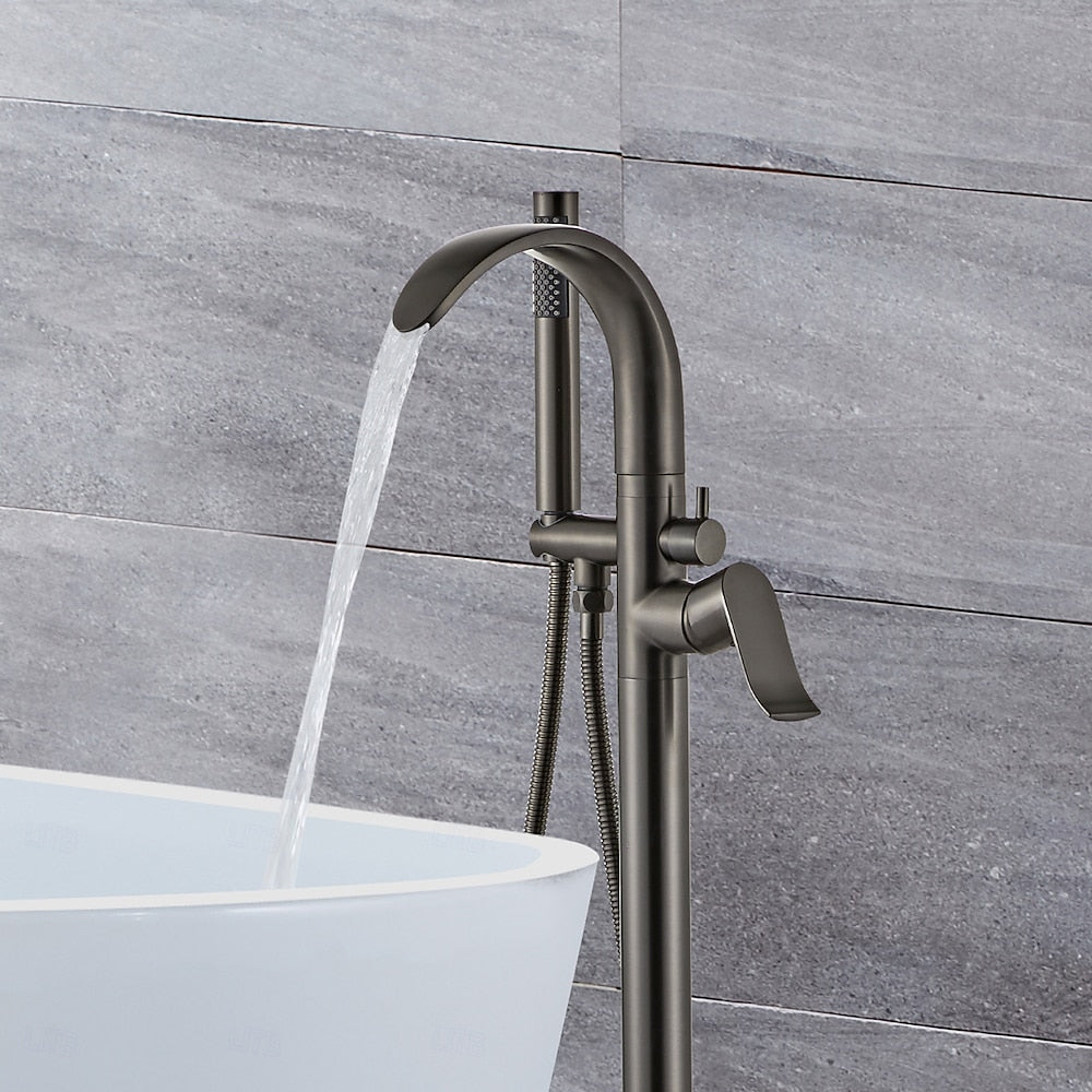 Gunmetal Freestanding Tub Filler Faucet, 360-Degree Swivel Brass Faucet with Handheld Shower