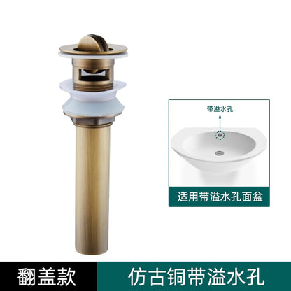 Antique Brass Engraved Bathroom Sink Pop-Up Drain, Solid Brass Vanity Basin Drain Assembly, With / Without Overflow