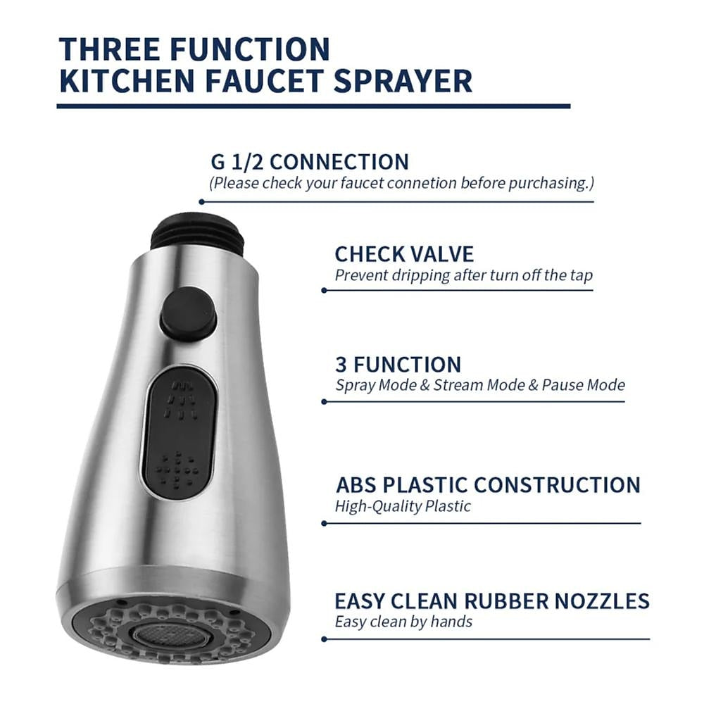 Chrome 3-Function Pull-Down Kitchen Faucet Replacement Spray Head, G1/2 Thread Faucet Aerator Spout