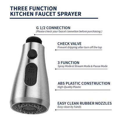 Chrome 3-Function Pull-Down Kitchen Faucet Replacement Spray Head, G1/2 Thread Faucet Aerator Spout