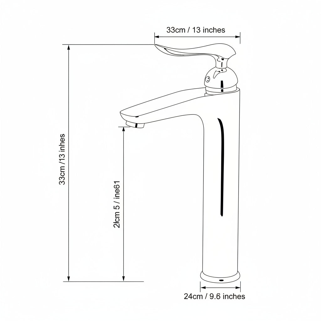 Chrome faucet with dimensions displayed over a bathroom setting